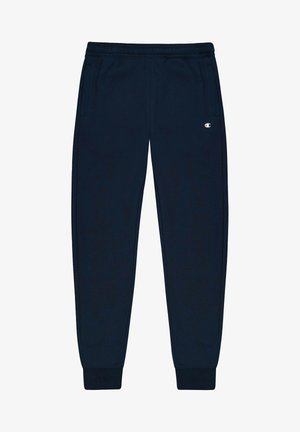 Pantaloni della tuta navy realizzati in materiale morbido, con vita elasticizzata, tasche laterali e orli a coste, accompagnati da un piccolo logo sulla coscia sinistra.
