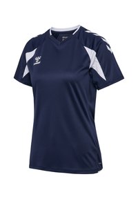Marineblå sportstrøje med hvide skulderstriber, korte ærmer, V-hals og hummel-logo på brystet.