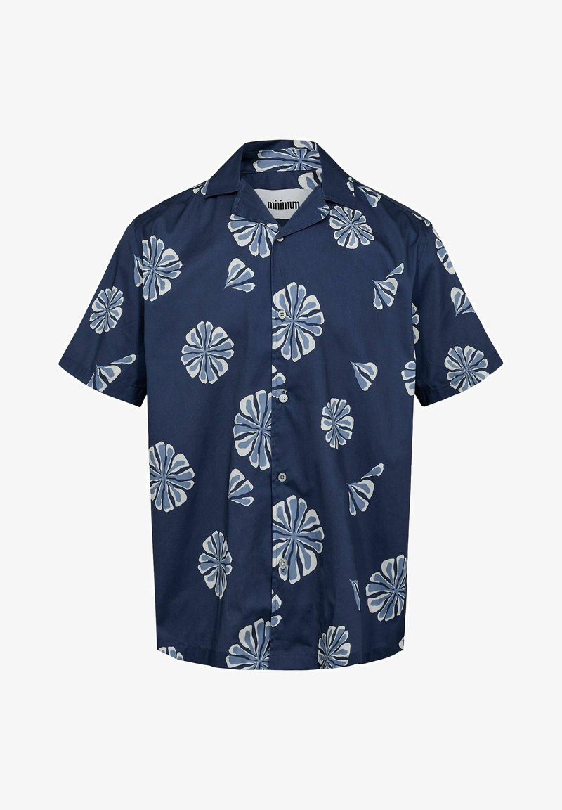 Camicia a maniche corte in cotone blu navy con stampa floreale bianca e azzurra chiara. Presenta una chiusura con bottoni e colletto.