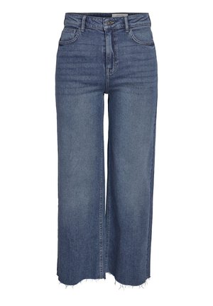 Zilas plaša kāju džinsus ar augstu jostu, priekšējo pogu, rāvējslēdzēju, pieciem kabatām un saplēstiem maliņām.