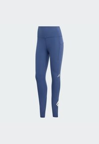 Leggings bleu marine en matière extensible, dotés d'une taille haute, d'une poche latérale et d'un discret logo blanc sur la partie inférieure de la jambe.