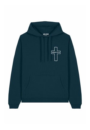 Felpa blu scuro realizzata in morbido tessuto, con tasca frontale, cappuccio regolabile e testo bianco "KARMA KILLS" accompagnato da una grafica a croce.