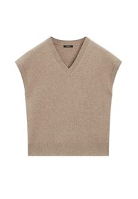Beige pletený bezrukávový svetr s výstřihem do V a žebrovanými okraji, položený na bílém pozadí.
