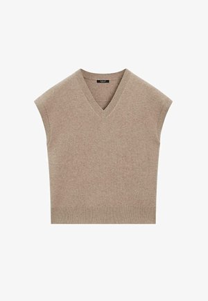 Gilet sans manches en tricot beige avec décolleté en V et bords côtelés, posé à plat sur un fond blanc.