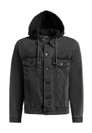 Schwarze Jeansjacke mit Knopfleiste, zwei Brusttaschen und angenähter schwarzer Kapuze mit Kordelzug.