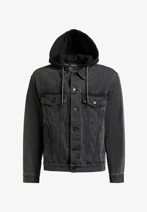 Schwarze Jeansjacke mit Knopfleiste, zwei Brusttaschen und angenähter schwarzer Kapuze mit Kordelzug.