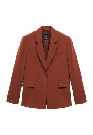 Rust-colored blazer featuring a notched lapel, single-button closure, two front pockets, and a smooth texture. No visible patterns or accents.