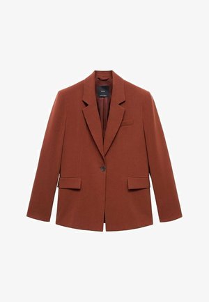 Rust-colored blazer featuring a notched lapel, single-button closure, two front pockets, and a smooth texture. No visible patterns or accents.