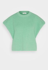 Miętowozielony, oversize'owy sweter z dzianiny, ribbowana tekstura, okrągły dekolt, krótkie rękawy typu cap oraz luźny krój.