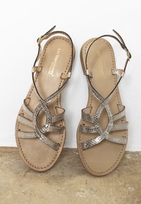 Sandales plates avec une semelle en cuir marron et des straps en imprimé serpent métallique. Comprend un design en boucle, une bride de cheville avec boucle, et des détails de couture.