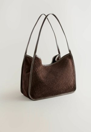 Brown woven suede handbag with silver-toned leather trim, featuring two shoulder straps and a spacious interior. Textured surface with a smooth finish.