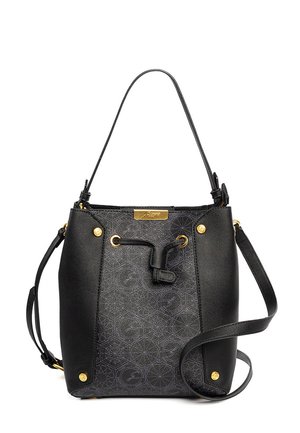 Schwarze Eimerhandtasche mit geometrischem Muster, goldfarbenen Akzenten, Kordelzugverschluss und abnehmbarem Schulterriemen.