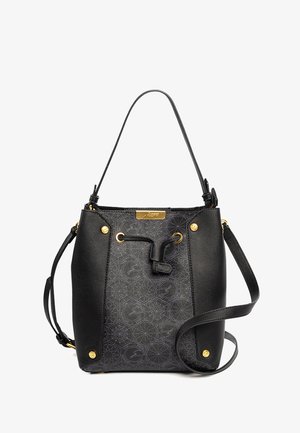 Zwarte handtas in emmerstijl met geometrisch patroon, gouden accenten, trekkoordsluiting en afneembare schouderriem.