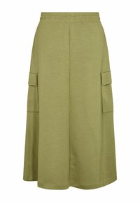 Olive green, knee-length cargo skirt made of soft fabric with an elastic waistband and two side cargo pockets. Simple, relaxed design.