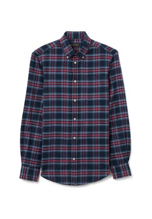 Camicia a quadri navy con accenti rossi e bianchi, in tessuto di cotone, colletto a bottoni, maniche lunghe e vestibilità tradizionale. Presenta una tasca frontale.