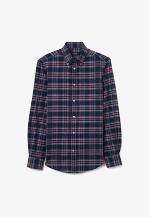 Marineblau kariertes Hemd mit roten und weißen Akzenten, Baumwollstoff, Button-Down-Kragen, lange Ärmel und traditionelle Passform. Verfügt über eine Brusttasche.