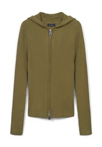 Olivgrüner, gerippter Zip-Hoodie mit langen Ärmeln, taillierter Form und einer gemütlichen Kapuze, ausgestattet mit einem metallischen Reißverschluss.