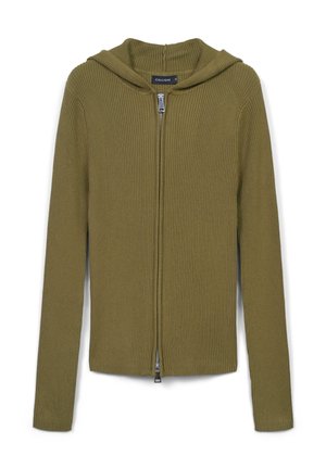 Felpa con zip verde oliva a righe, con maniche lunghe, forma aderente e cappuccio caldo, dotata di una cerniera metallica.