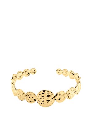 Bracciale rigido aperto color oro con dischi rotondi martellati di varie dimensioni collegati in un motivo simmetrico.