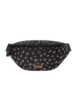 Black fabric waist bag with beige and light brown leopard spots, a front zipper, and a small "Cabaia" label on the front.