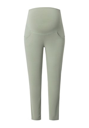 Zwangerschapslegging in zacht, lichtgroen materiaal, met een brede buikondersteuningsband en twee zijzakken, ontworpen voor comfort en flexibiliteit.