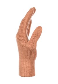 Guantes de punto en un suave color coral. Incluyen muñeca acanalada y un ajuste ceñido con diseño de cinco dedos. Textura suave, sin patrones ni acentos.