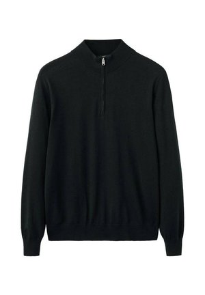 Črni pulover z zadrgo pri vratu, pletena tkanina, dolgi rokavi, rebrast ovratnik in manšete, prilegan kroj v pasu, gladka tekstura, minimalističen dizajn.