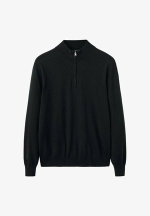 Schwarzer Pullover mit Reißverschluss am Kragen, Strickstoff, lange Ärmel, gerippter Kragen und Bündchen, tailliert geschnitten, glatte Textur, minimalistisches Design.