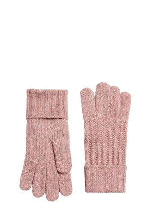 Strikkede handsker i blødt, lyserødt materiale; ribbet manchet-design; fem-finger stil; tekstureret stof med subtile farvevariationer.