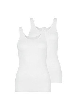 Two plain white sleeveless tank tops with wide straps, shown front-facing on a white background.