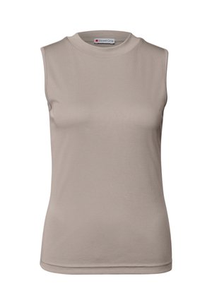Ärmlös beige ribbad topp med hög rund hals och varumärkesetikett "Street One" inuti kragen.
