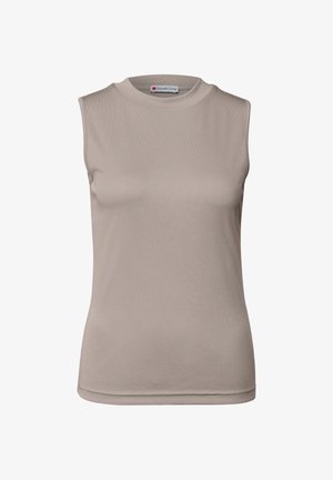 Beżowy, bezrękawnik prążkowany z wysokim okrągłym dekoltem oraz metką marki "Street One" wewnątrz kołnierza.