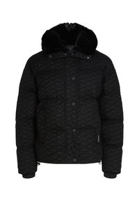 Zwarte pufferjack met een getextureerd patroon, faux fur capuchon, drukknoopsluiting en elastische manchetten. Voorzien van zijzakken en een ritsdetail aan de onderkant.