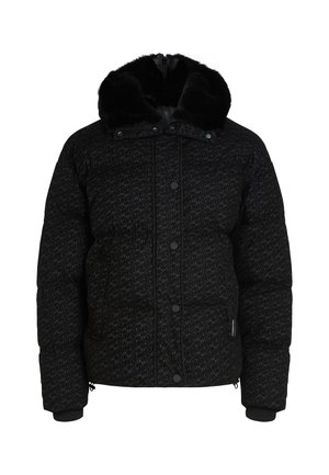 Black puffer jacket with a textured pattern, faux fur hood, snap buttons, and elastic cuffs. Features side pockets and a zip detail at the hem.