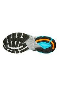 Suola di scarpa da corsa in gomma nera con accenti bianchi, dettagli blu e arancioni, e motivo testurizzato per una migliore aderenza.