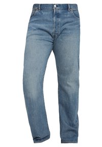 Jeans in denim azzurro chiaro con design a gamba dritta, cinque tasche, chiusura a bottoni e leggera scoloritura lungo le cosce e le ginocchia.