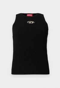 Svart ribbet tanktop med rund halslinning, med en sølv Diesel-logo i midten. Stoffet er teksturert og tettsittende.