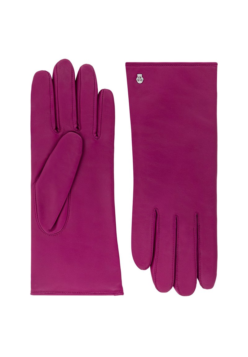 Fuchsia leather gloves featuring a smooth texture, three finger sections and an extended wrist area, accented with a small metal emblem.