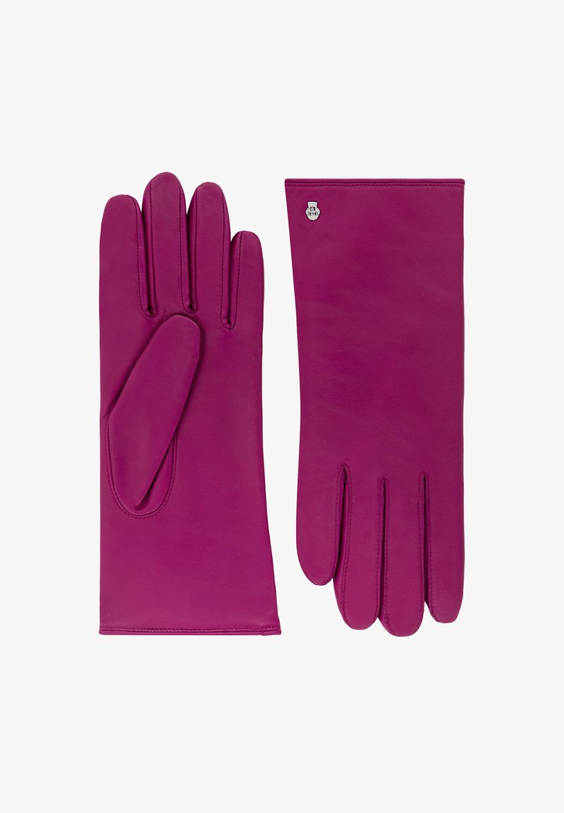 Fuchsia leather gloves featuring a smooth texture, three finger sections and an extended wrist area, accented with a small metal emblem.