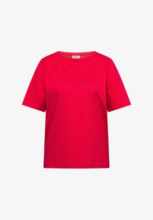 Maglietta rossa brillante in cotone, maniche corte e collo tondo, con orlo dritto, mostrata su sfondo bianco.