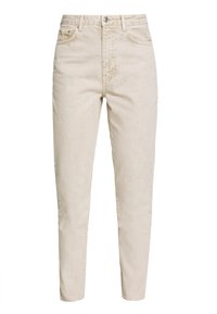 Pantaloni in denim beige con una vestibilità dritta, vita alta, design a cinque tasche e chiusura con bottone. Texture liscia con dettagli di cucitura sottili.