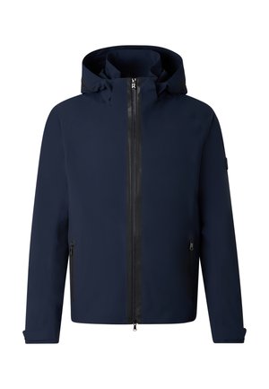 Pánská tmavě modrá kapucí vybavená bunda s předním zipem a zipovanými bočními kapsami na bílém pozadí.