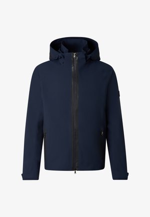 Herenjas in marineblauw met capuchon, voorzien van een rits aan de voorkant en met ritssluitingen aan de zijzakken, op een witte achtergrond.