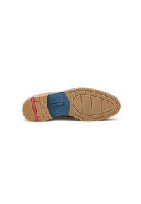 Suola della scarpa con un fondo in gomma testurizzata color beige, con un accento blu e dettagli rossi, evidenziando i modelli di presa e il design strutturale.