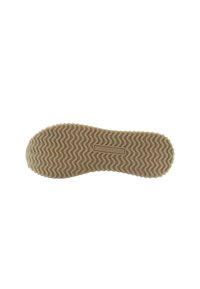 Suola di scarpa in gomma con un motivo ondulato, colore beige chiaro, presenta un'etichetta con il marchio al centro, testurizzata per una migliore aderenza.