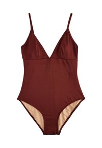 Maillot de bain une pièce bordeaux avec un décolleté en V profond, des bretelles réglables et une finition lisse et texturée. Intérieur doublé dans une teinte plus claire.