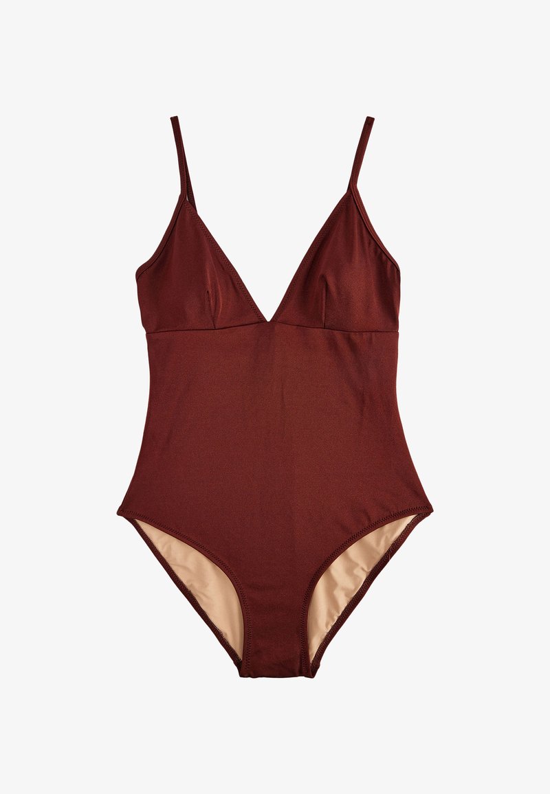 Maillot de bain une pièce bordeaux avec un décolleté en V profond, des bretelles réglables et une finition lisse et texturée. Intérieur doublé dans une teinte plus claire.