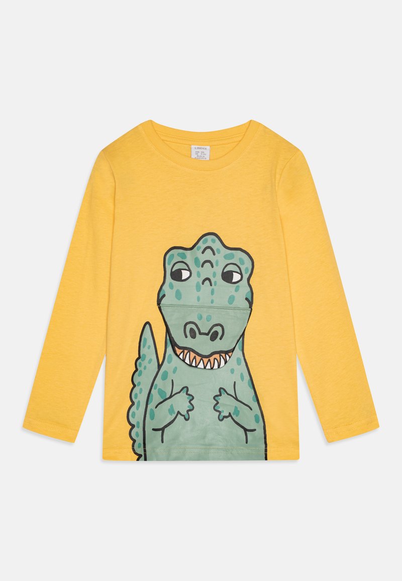 Gul langermet T-skjorte med et grønt dinosaurmotiv med svarte konturer, smilende uttrykk og teksturert detaljering på kroppen.