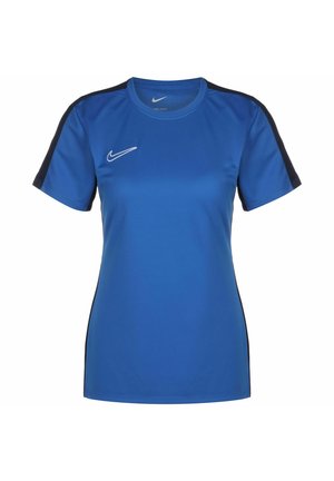 Maglietta sportiva Nike blu a maniche corte, con pannelli laterali scuri e logo bianco sul petto. Realizzata in tessuto leggero e traspirante.