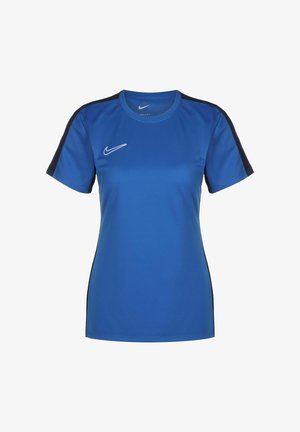 Maglietta sportiva Nike blu a maniche corte, con pannelli laterali scuri e logo bianco sul petto. Realizzata in tessuto leggero e traspirante.